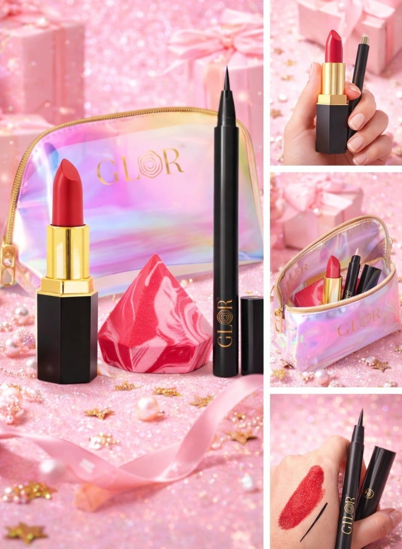 GLOR Valentines Special Glor Endless Charm Lipstick– Intense Long-Lasting Color, Luxurious Moisture, Ultra-Creamy Formula for Beautiful Lips-Raspberry Range + Eyeliner + 1 Beauty Blender + 1 Cosmetic Bag - Image 3